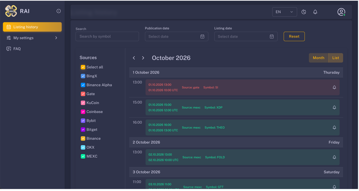 RAI Listings calendar: past and upcoming crypto listings by exchange, list view
