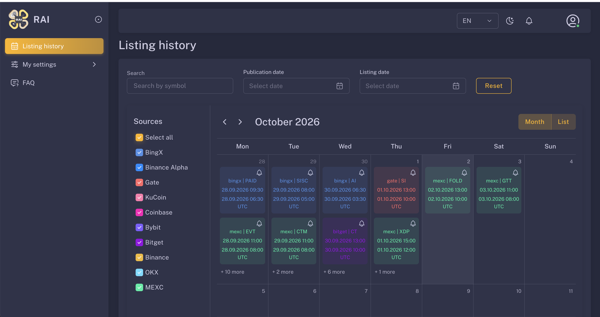 RAI Listings calendar: past and upcoming crypto listings by exchange, month view