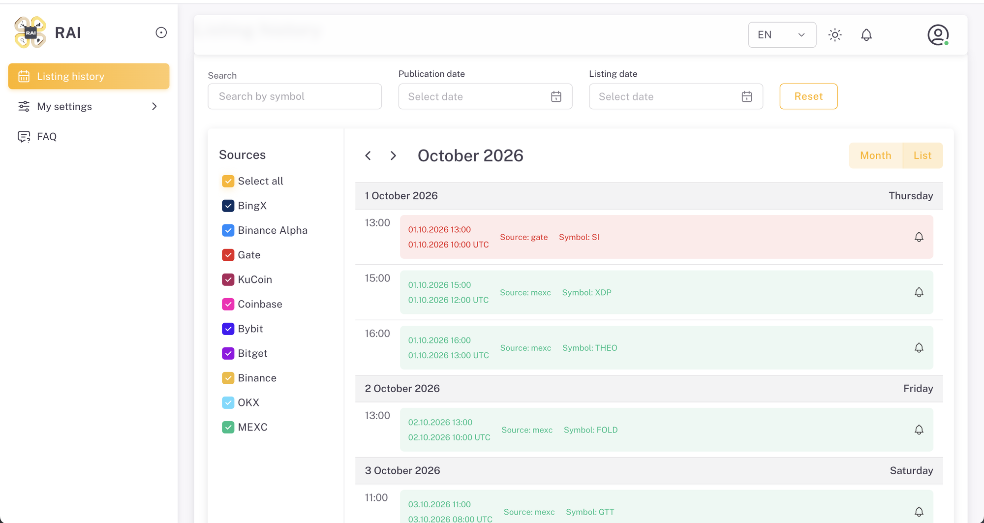 RAI Listings calendar: past and upcoming crypto listings by exchange, list view