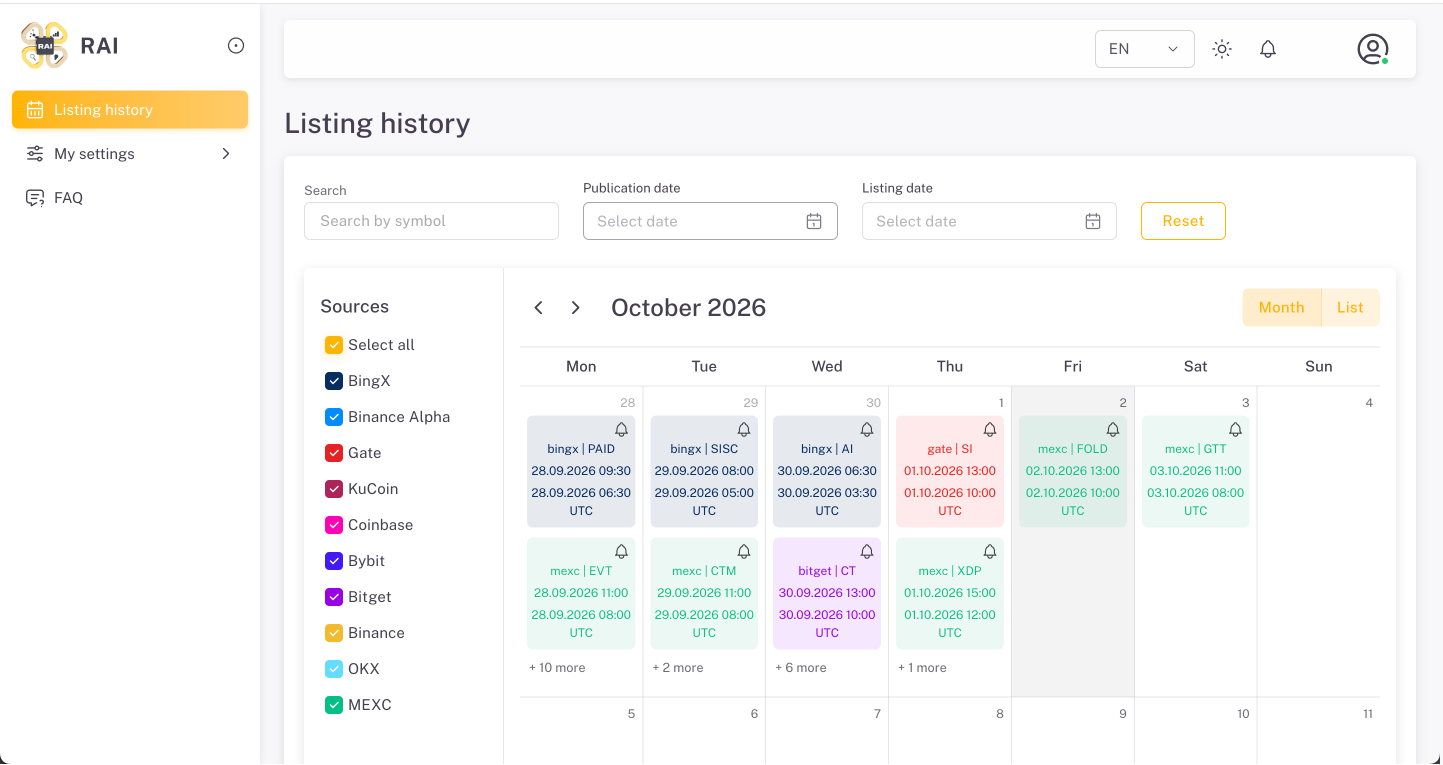 RAI Listings calendar: past and upcoming crypto listings by exchange, month view